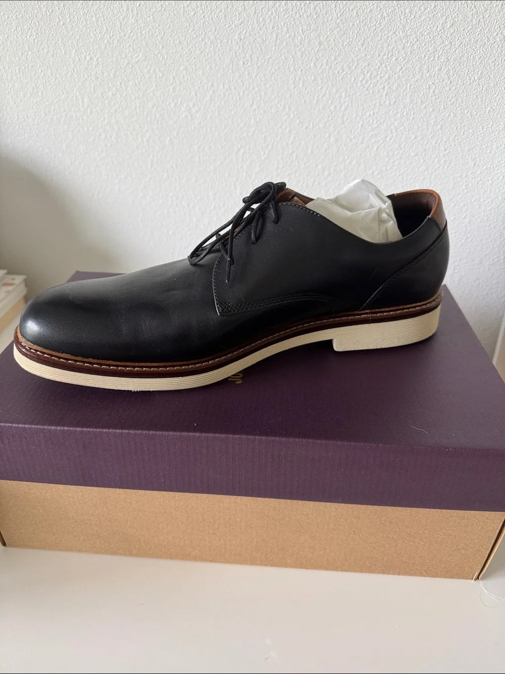 Johnston & Murphy Black Leather Derby with Cream Contrast Sole